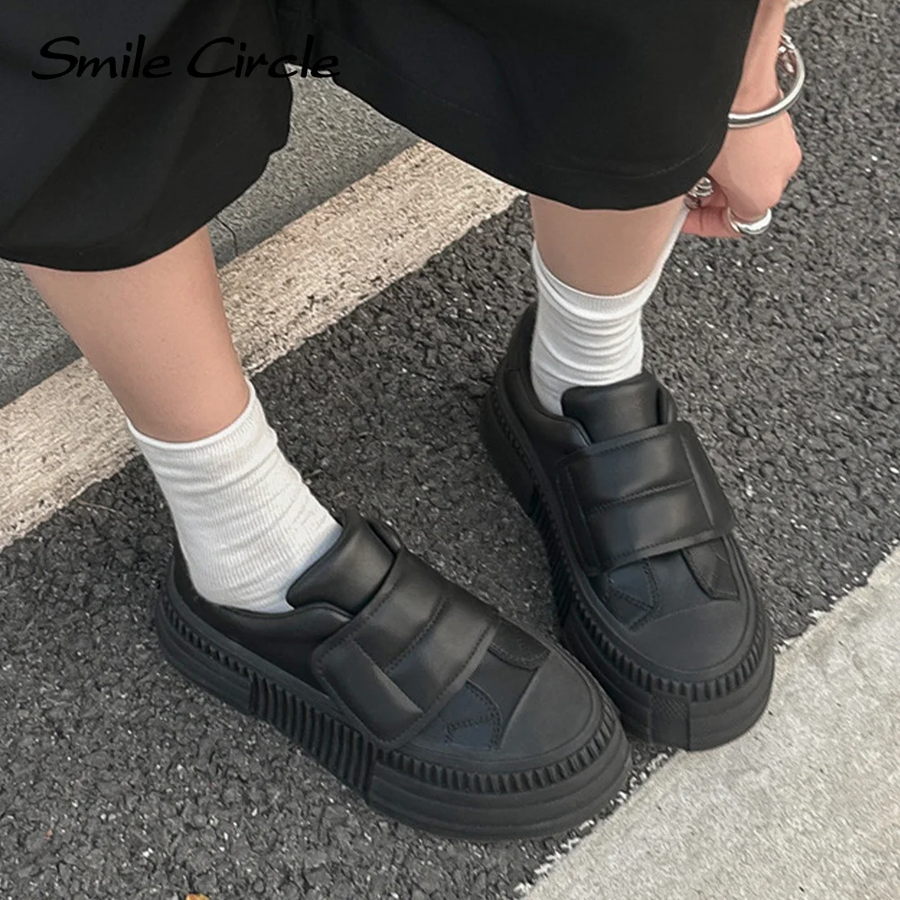 Smile Circle Casual Shoes Basic And Versatile Velcro Platform Flat Shoes Fashion Round-toe Women's Shoes