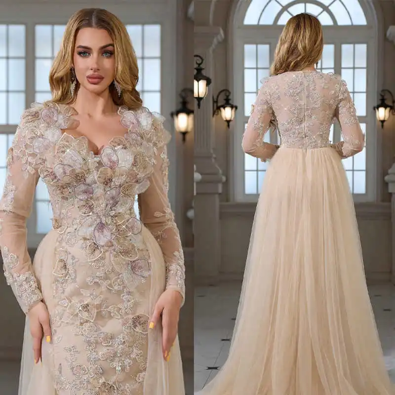 

Elegant Evening Dresses Long Sleeve Square Hand Made Flowers Beading Floor Length Party Gown Prom Dresses Customized