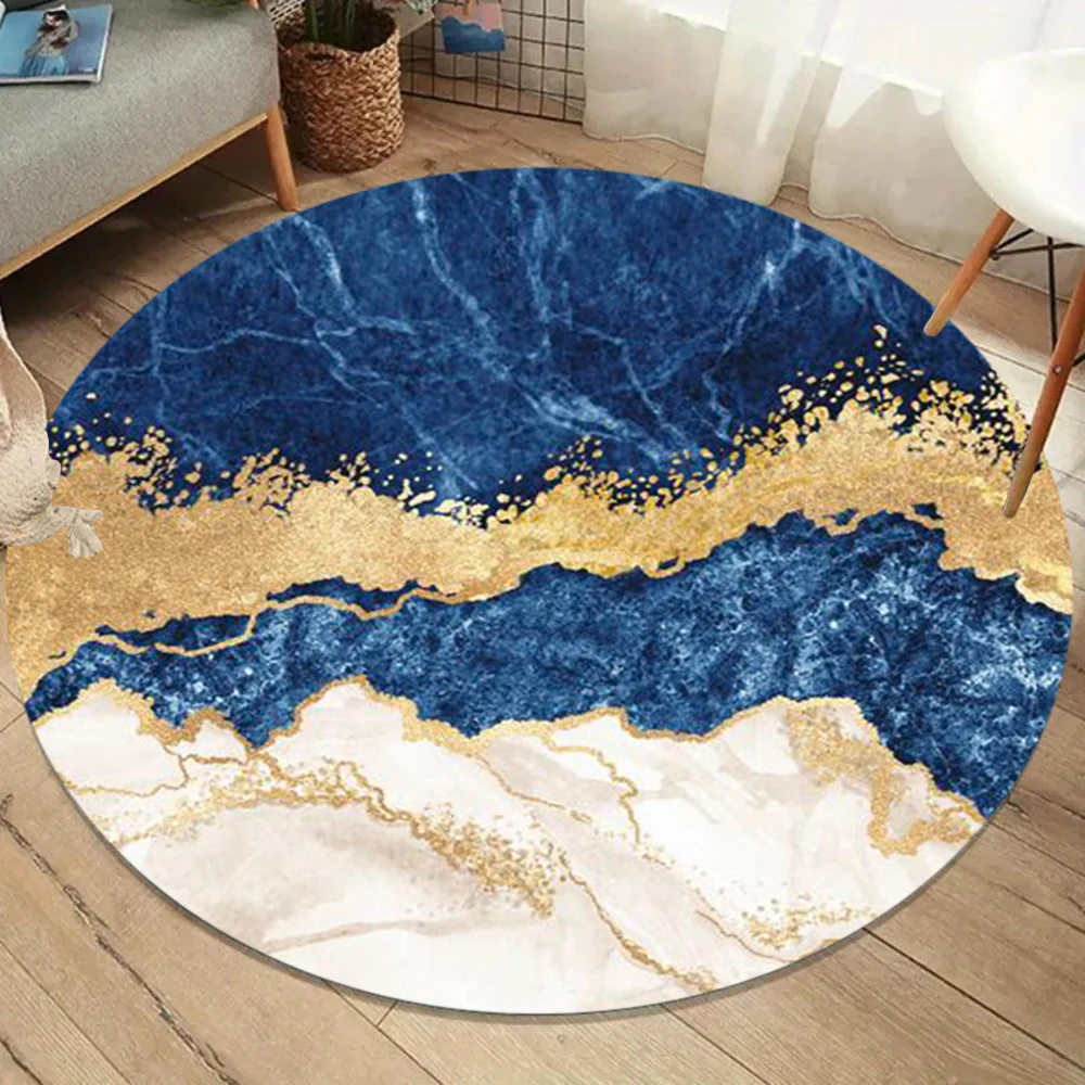 Gold Marble Pattern Round Rug Glittering Turquoise/Teal/Navy Carpet Anti-Slip Large Area Rug for Living Room Bedroom Decor