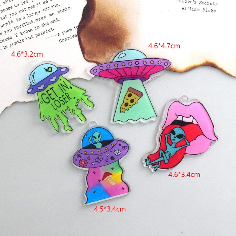 6pcs Unique UFO Alien Saucer Acrylic Earring Charms Pizza Mushroom Fashion Airpods Car Keychain Pendant Jewelry Making Diy