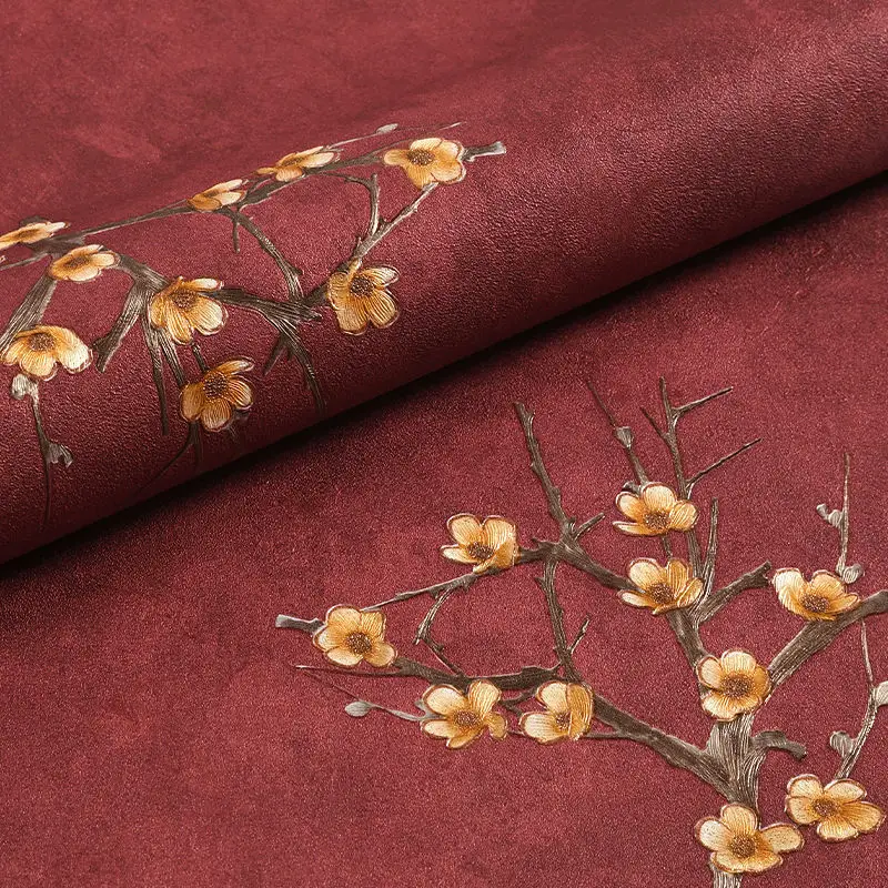 Retro Floral Wallpaper,3d Embossed Plum Wall Paper Restaurant Bedroom,living Room,TV Background Non-Self Adhesive Wallpaper