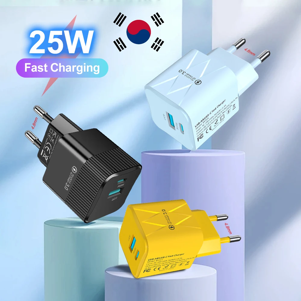 Usb pd 25w carregador de telefone rápido usb carregamento rápido qc3.0 tipo c adaptador de carregador de parede para iphone xiaomi huawei samsung kr plug
