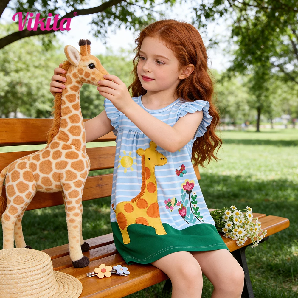 VIKITA Toddlers Giraffe Appliqued Blue White Striped Cotton Casual Flare Sleeve Summer Dress Kids Soft Cartoon Cute Outfit