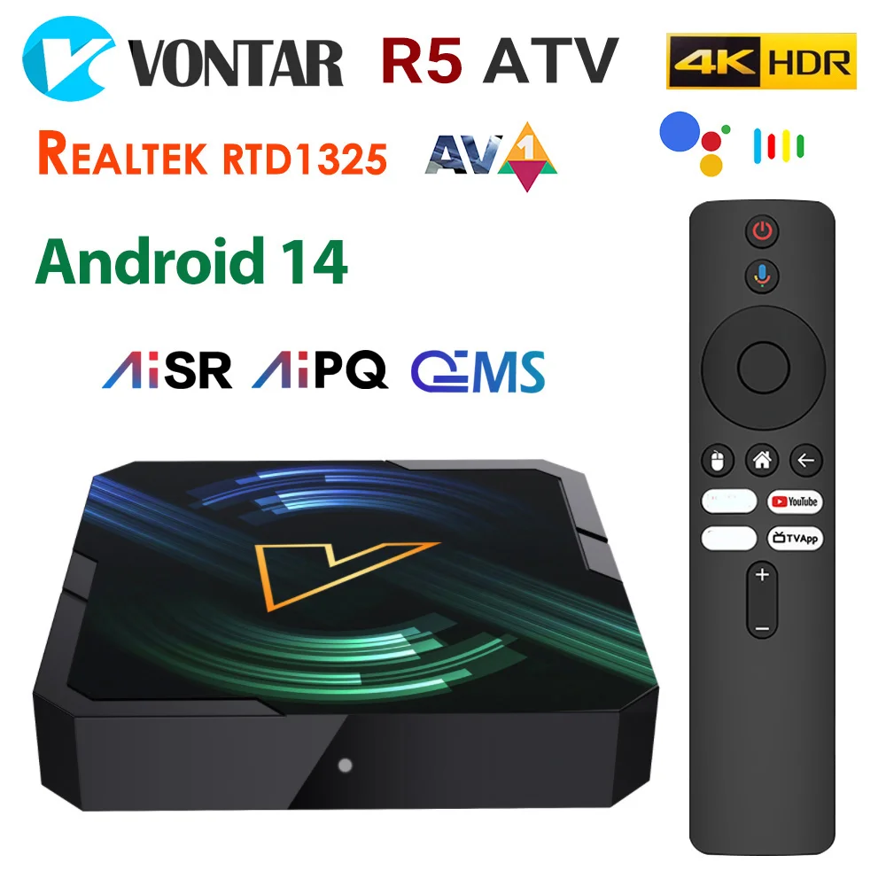 VONTAR R5 ATV TV Box Android14 Realtek1325 Support AI-PQ AI-SR HDR10+Wifi6 4K HD 2.1b AV1 100M LAN Media player Set top box