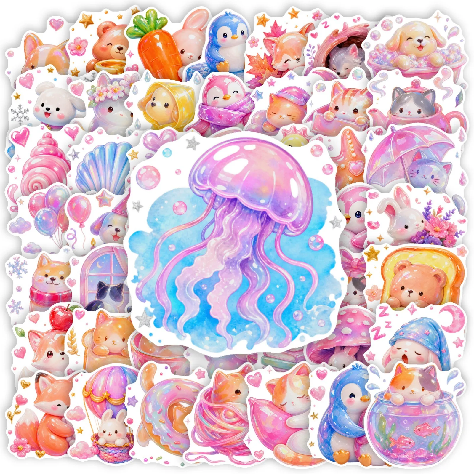 50 Pcs Cute Cartoon Watercolor Animal Pattern Stickers Self Adhesive Waterproof Vinyl Decals for Journal Laptop Gift
