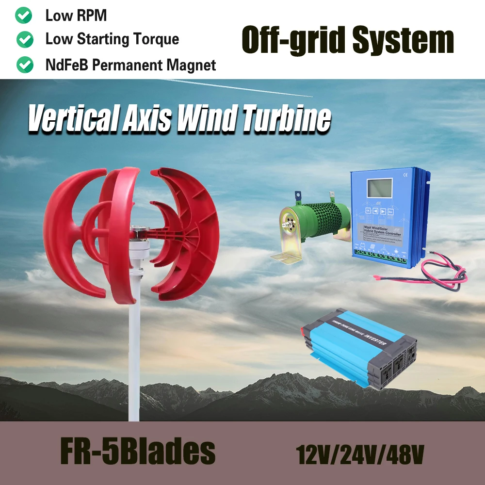 5kw Wind Turbine Vertical Axis Permanent Maglev Generator Electric Power Generator 12V 24V 48V With Mppt Hybrid Controller