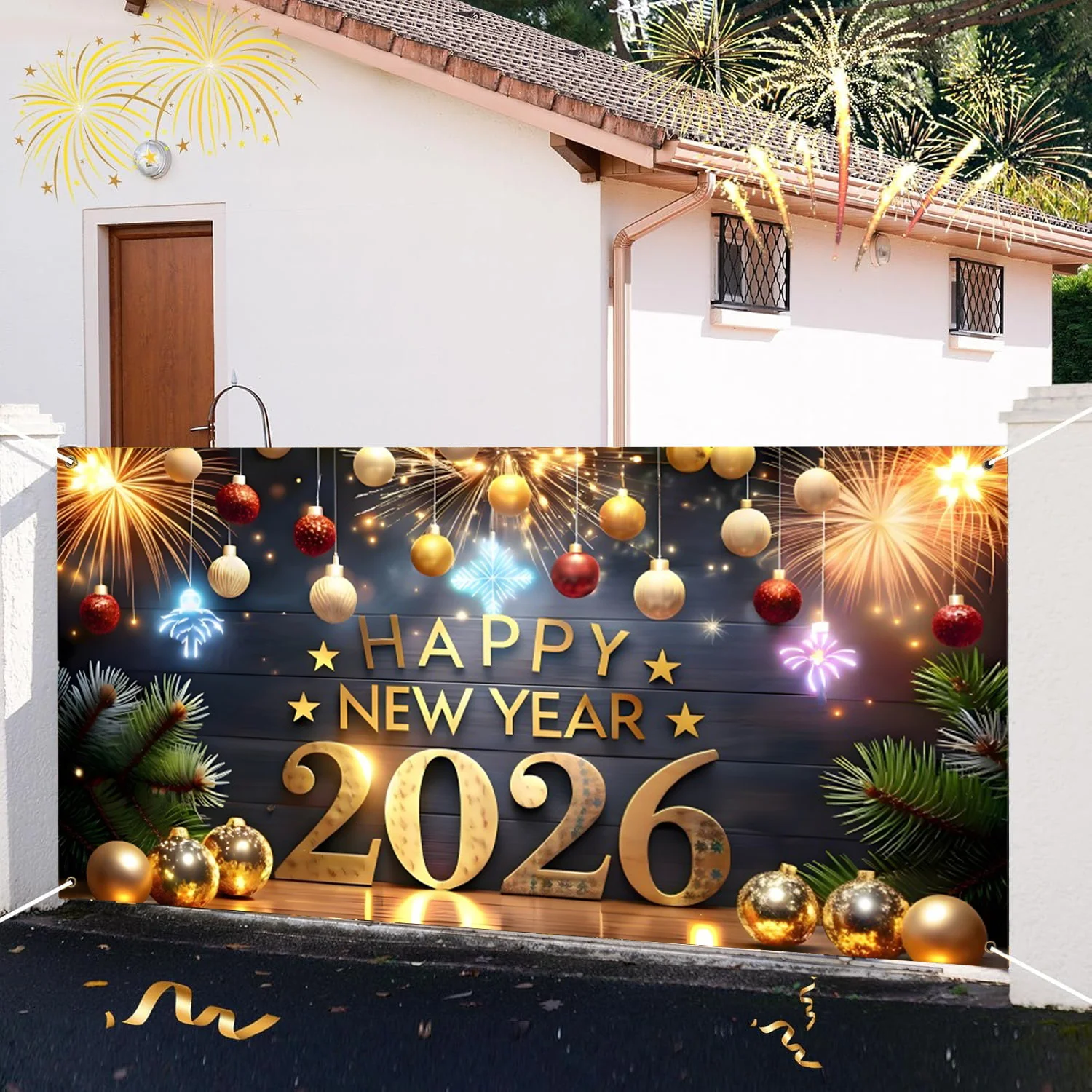 2026 سنة جديدة سعيدة باب المرآب الديكور راية السنة الجديدة خلفية عطلة حفلة المنزل ساحة جدار ديكور التصوير خلفية #2