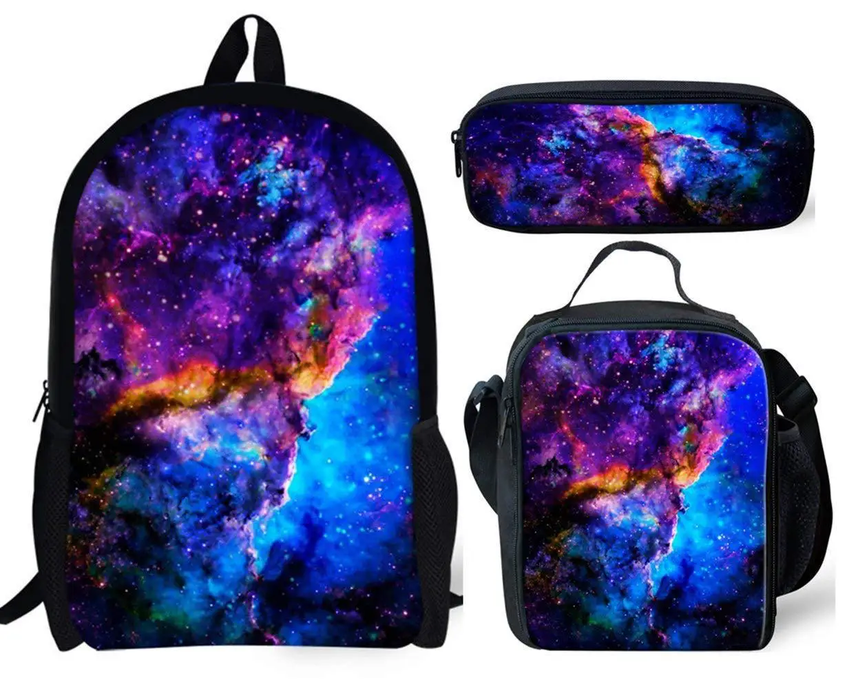 Moda popular novidade céu estrelado impressão 3d 3 pçs/set aluno sacos de escola portátil mochila almoço saco lápis caso