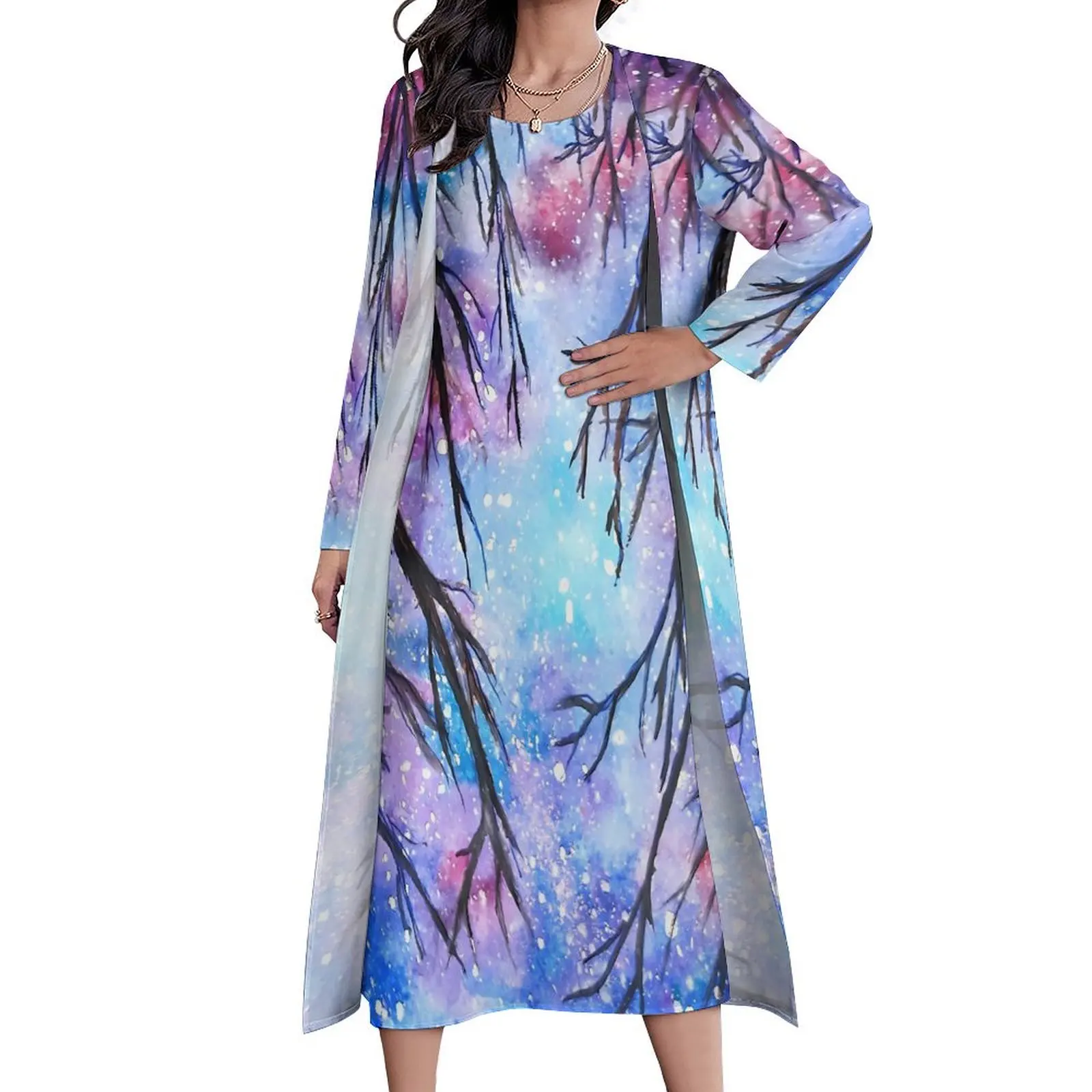 October Starry Night Dress Abstract Galaxy Night Club Maxi Dress Long Sleeve Graphic Casual Long Dresses Oversized Vestidos