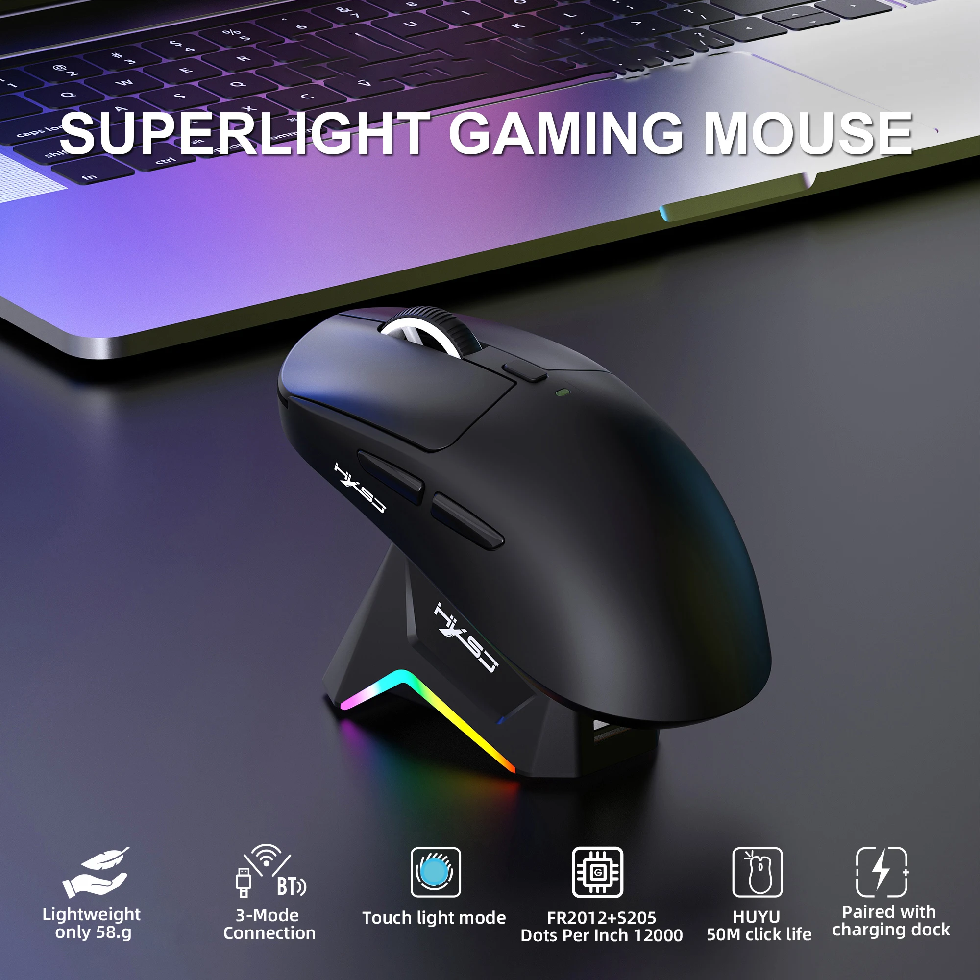 

Wireless Gaming Mouse with Charging Dock Rechargeable RGB,12K CPI,6 Programmable Buttons for PC Notebook Mac