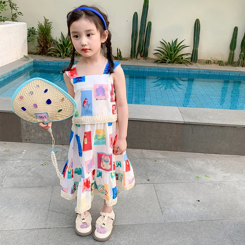 3-8T Summer Girls Clothing Set Cartoon Full Printed Sleeveless Top Shirt + Long Skirt Fashion Breathable Top Skirt Two-piece Set