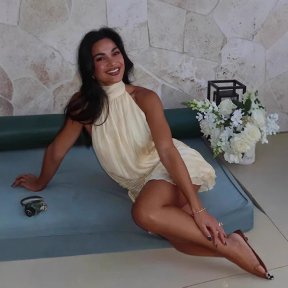 Ele Pure Color ter Ne ort Dr with Pleated Hemline Vaion Sle High Waist No Sve Fairy Skirt Summer Dr