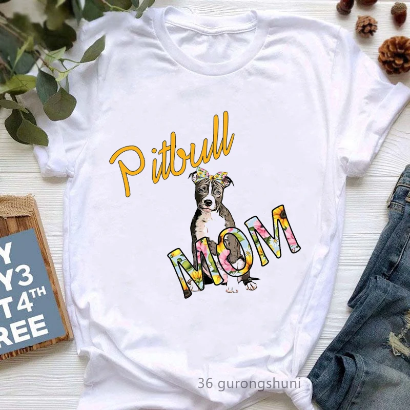 Pitbulls Mama Graphic Print Tshirt Girls Dog Lover Kawaii T Shirt Women Funny White Casual T-Shirt Female Harajuku Shirt Tops