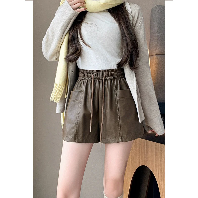 puLeather Wide Leg Shorts for Women Autumn and Winter2024New Outdoor Thick Boots Elastic Waist Loose High Waist Slimming Boot Pa