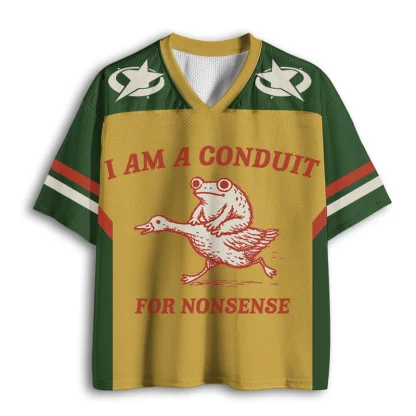 I Am A Conduit For Nonsense Frog Ride Duck Print Men V Neck Mesh Jersey Funny Retro Short Sleeve Top
