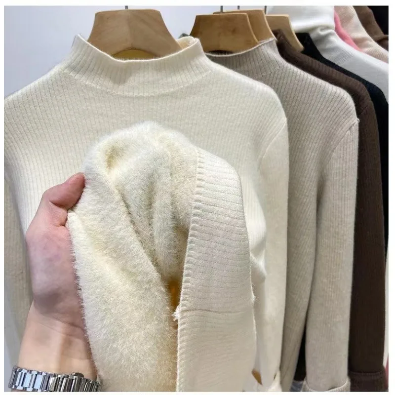 Velvet Lined Thicken Sweater Elegant Turtleneck Thicken Warm Knitted Pullover Autumn Winter Thermal Bottoming Knitwear Jumper