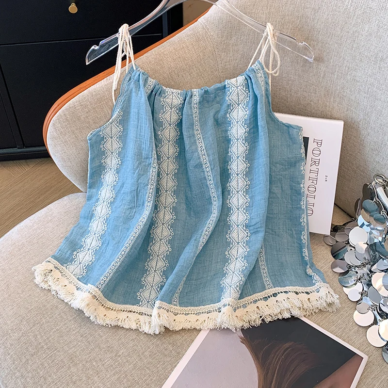 

Summer Embroidered Sleeveless Camisole For Women Vintage Tassel Casual Loose Vests Fashion Beach Vacation Style Female Tops