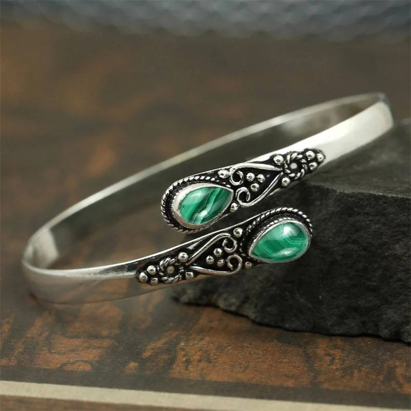 

Vintage Green Agate Bracelet for Women Zinc Alloy Inlaid Open Adjustable Fashion Ethnic Style Elegant Bangle Couple's Jewelry