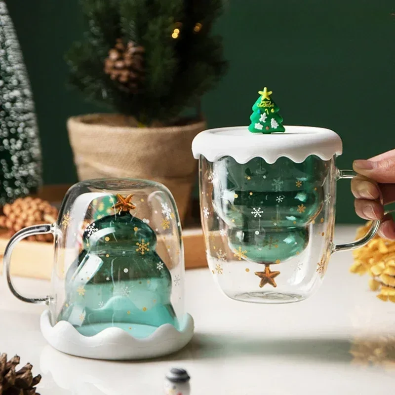 300ml Christmas Tree Glass Cup Creative Heat-Resistant Double Wall Glass Milk Coffee Mug Snowflake Drinking Cup Christmas Gift