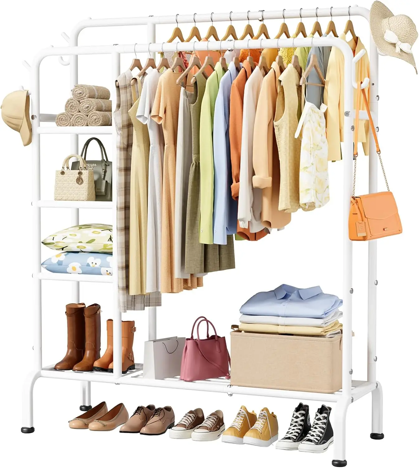

Clothes Rack - Double-Rod Clothing Rack with Built-In Hooks & Shelves, Multi-Functional Wardrobe Closet for Bedroom, Living R