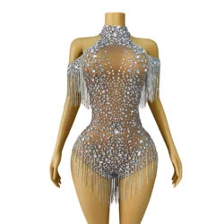 Off-the-shoulder High forks Women Party Singer Dancer Stage Perform Costume Shining Rhinestones Crystals chain