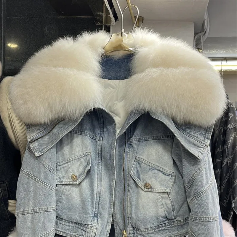 

2023 Winter New Women Big Fur Collar Fox Fur Denim Fur Coat Female Thickened Liner parka street stylish Outerwear Y4513