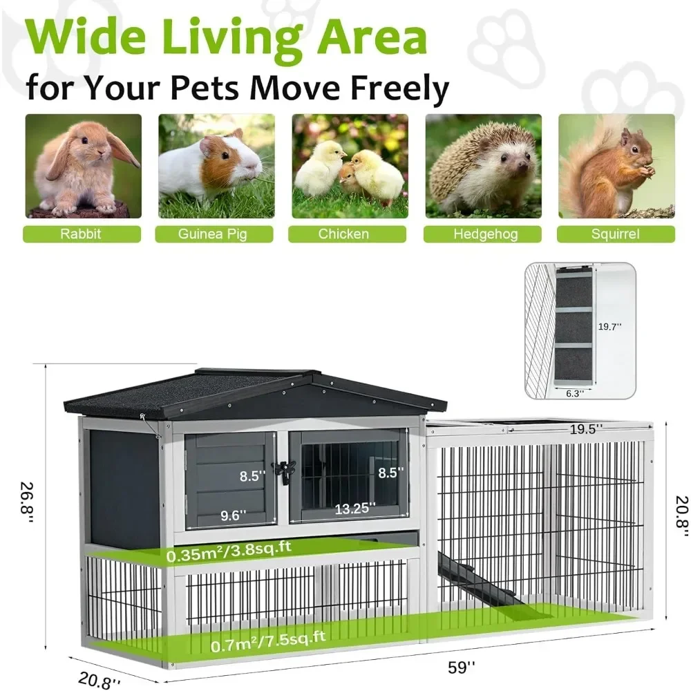 Rabbit Hutch Outdoor Rabbit Cage with 2-Level Area, Waterproof Roof, 4 Access Doors, Non-Slip Ramp Guinea Pig Cages Chicken Coop