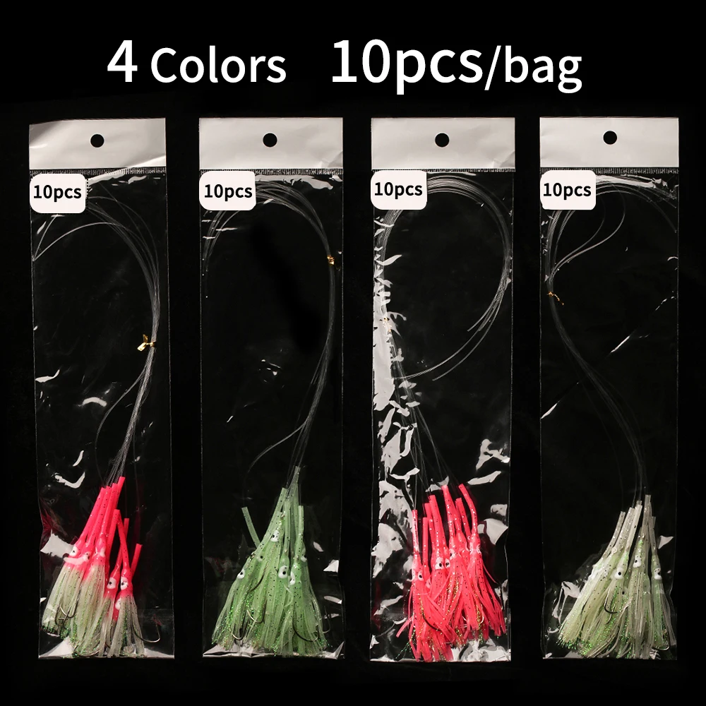 Elllv 10pcs 3/0 Hook Pre Tied Anti-bite Luminous Squid Skirts with Monofilament Line Saltwater Mackerel Herring Fishing Lure