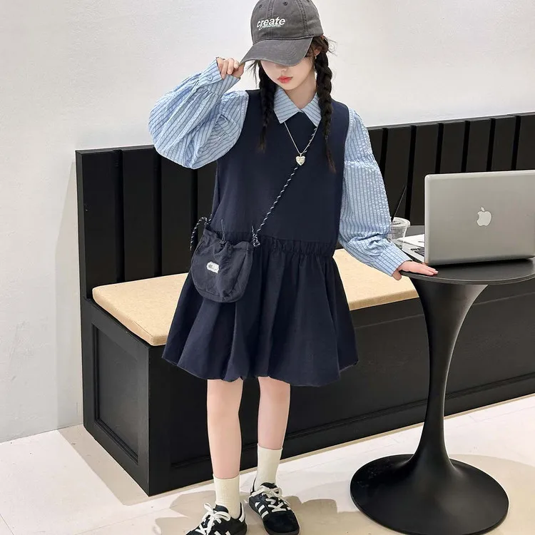 

School Girl Dress Set Autumn Teenager Girl Striped Long Sleeve Undershirt Children Girl Princess Dress Kid Girl Two-piece Outfit