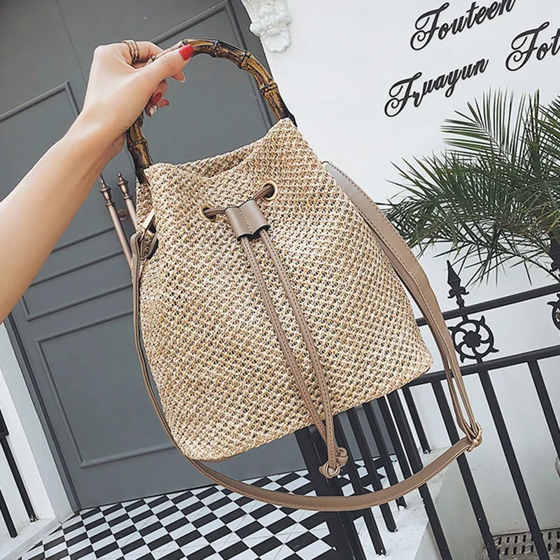 

Drawstring Women's Straw Bucket Bag Summer Woven Shoulder s Shopping Purse Beach Handbag Handbags Travel