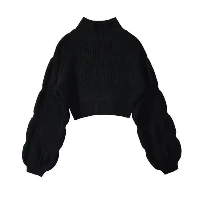 Warm Thick Knitted Women Sweater Solid Mock Neck Crop Jumpers 2023 Fall Winter All Match Streetwear Casual Workout Sweaters