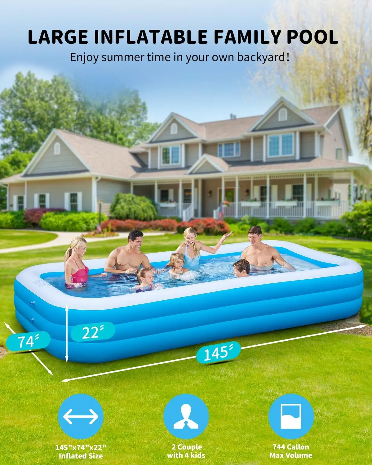 

Big Inflatable Pool for Adults，145"x74"x22" Extra Large Thickened Blow Up Pool for Water Party, Full Size Family Swimming Pools