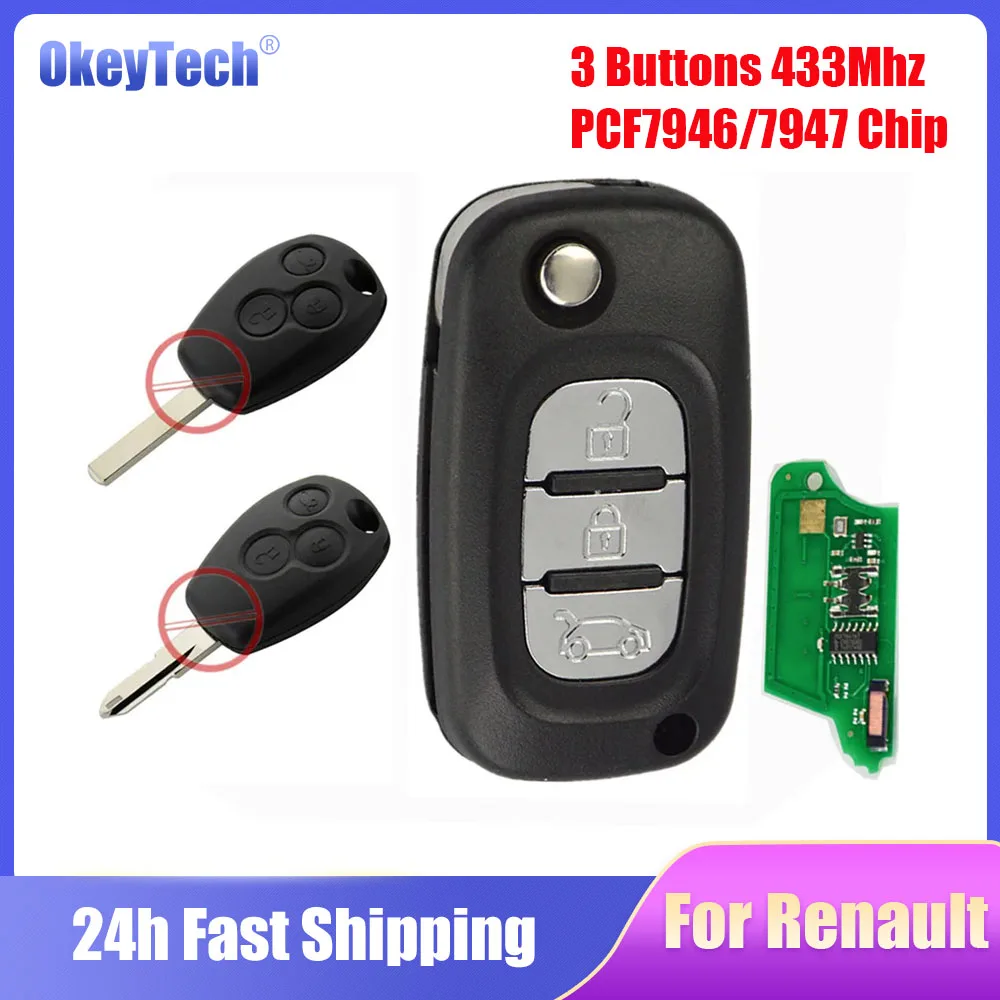 

Okeytech 3 Buttons 433Mhz PCF7946/7947 Chip Modified Car Remote Key For Renault Duster Modus Clio 3 Twingo DACIA Logan