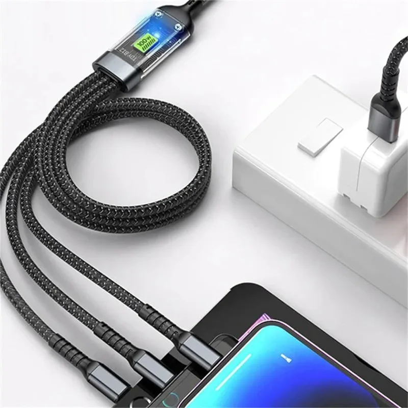 Transparent Luminous 3-in-1 Super Fast Charging Cable, 3 in 1 Charging Cable, Compatible with Phone/Android/Tabl