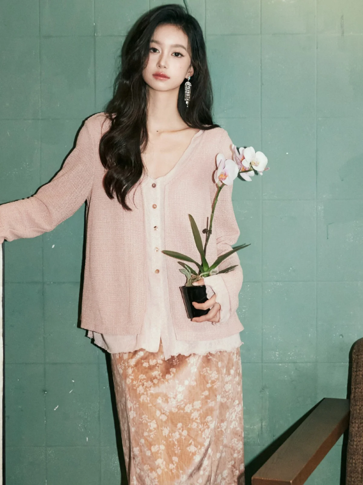 

Pink Faux Two-Piece Open Cardigan Straight Slimming Spring Gentle Top New Loose Open Cardigan Yann M Original Design Women's ...