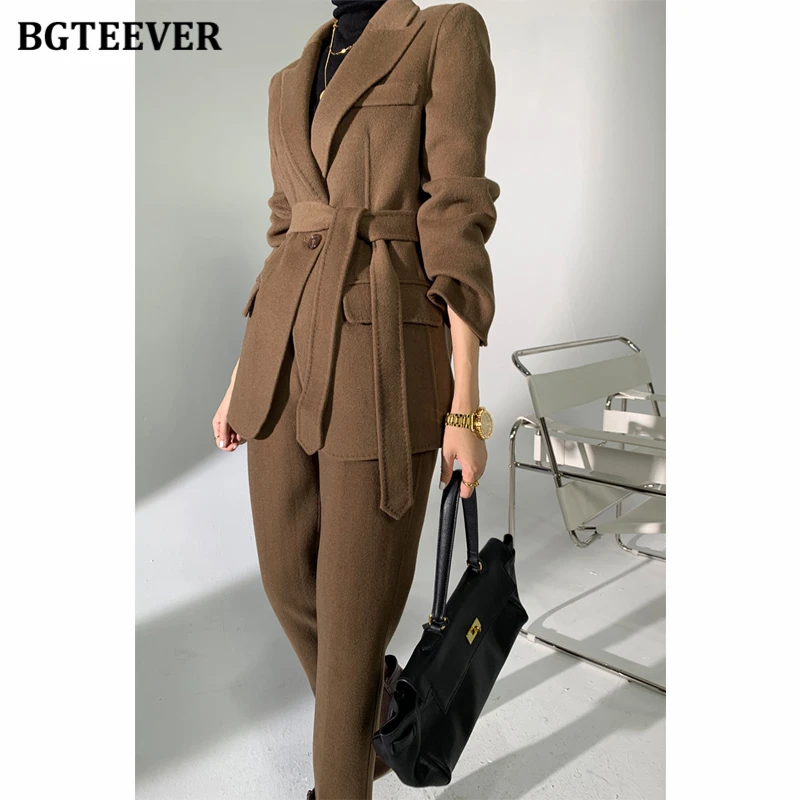 BGTEEVER Autumn Winter Woolen Pant Suits Women Thick Belted Jackets Ladies Wool Pants Warm Trousers Set Female