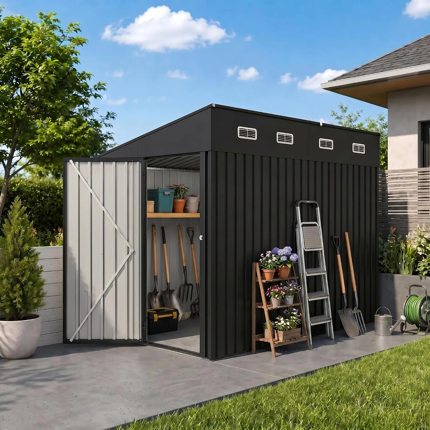 6x8 FT Outdoor Storage Shed, Metal Garden Shed with Sloping Roof and Lockable Door, Waterproof Utility Tool Shed, Customized
