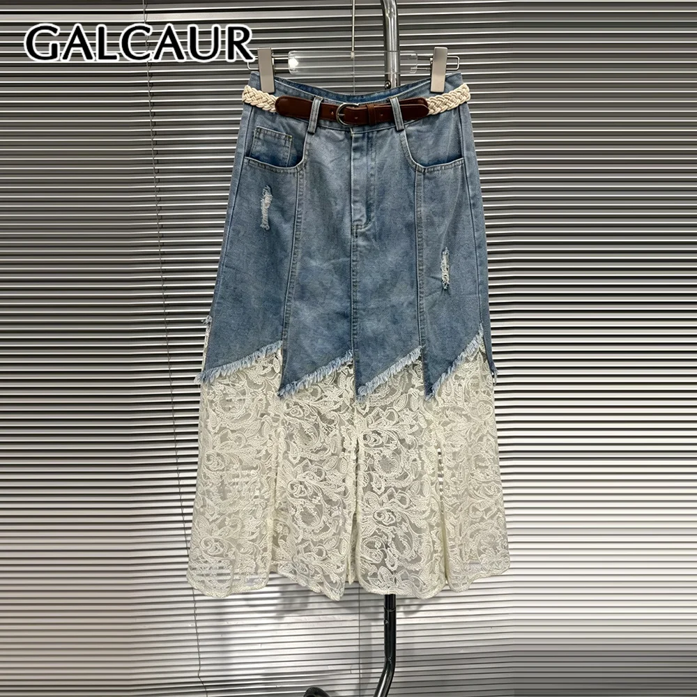 

GALCAUR Colorblock Slimming Spliced Lace Chic Skirt for Women High Waist Patchwork Pockets Midi Skirts Female Fashion New Style