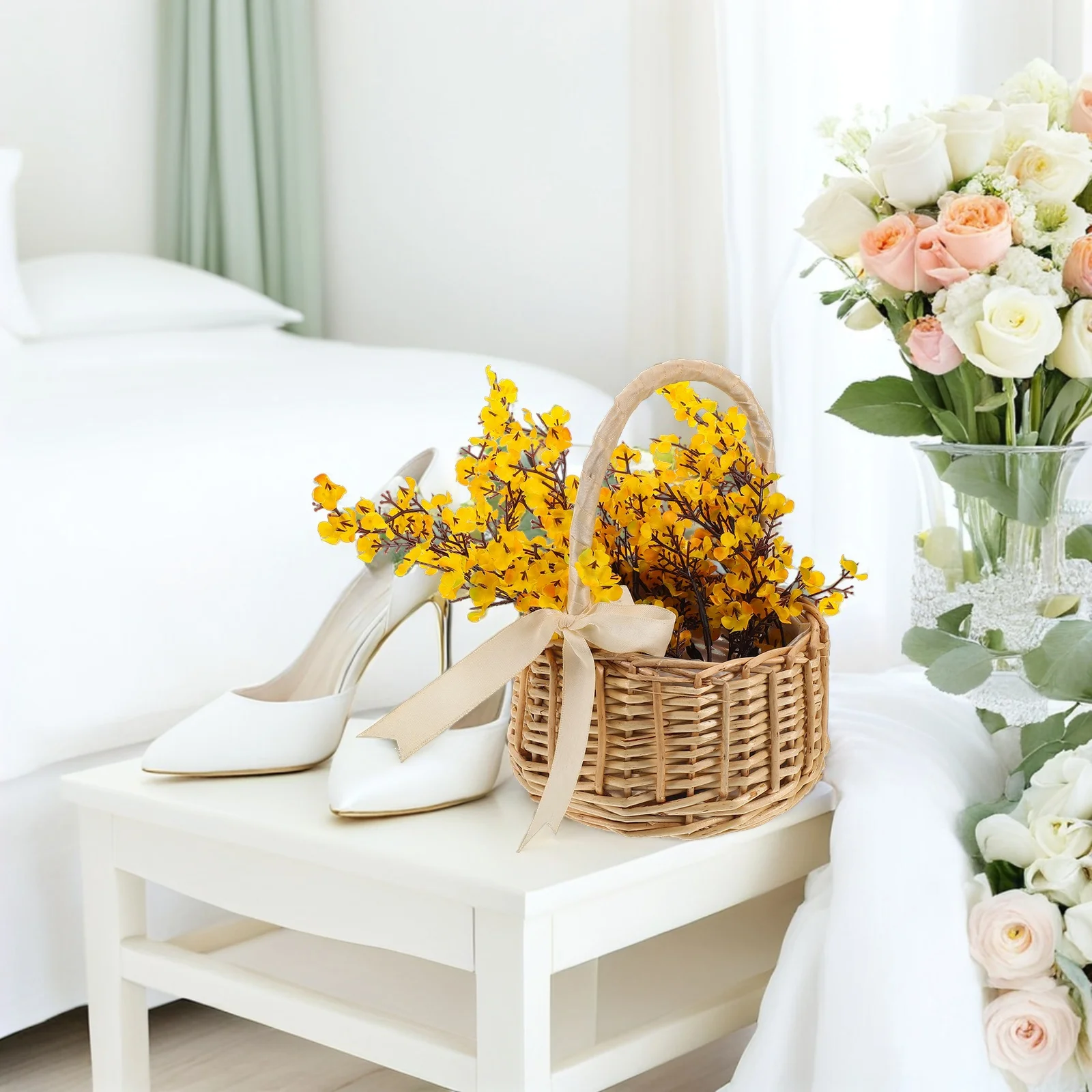 Mały wiklinowy koszyk na kwiaty, ręcznie pleciony mini koszyk z wierzby do dekoracji weselnych, rekwizyt fotograficzny, lekki okrągły koszyk rattanowy do przechowywania.