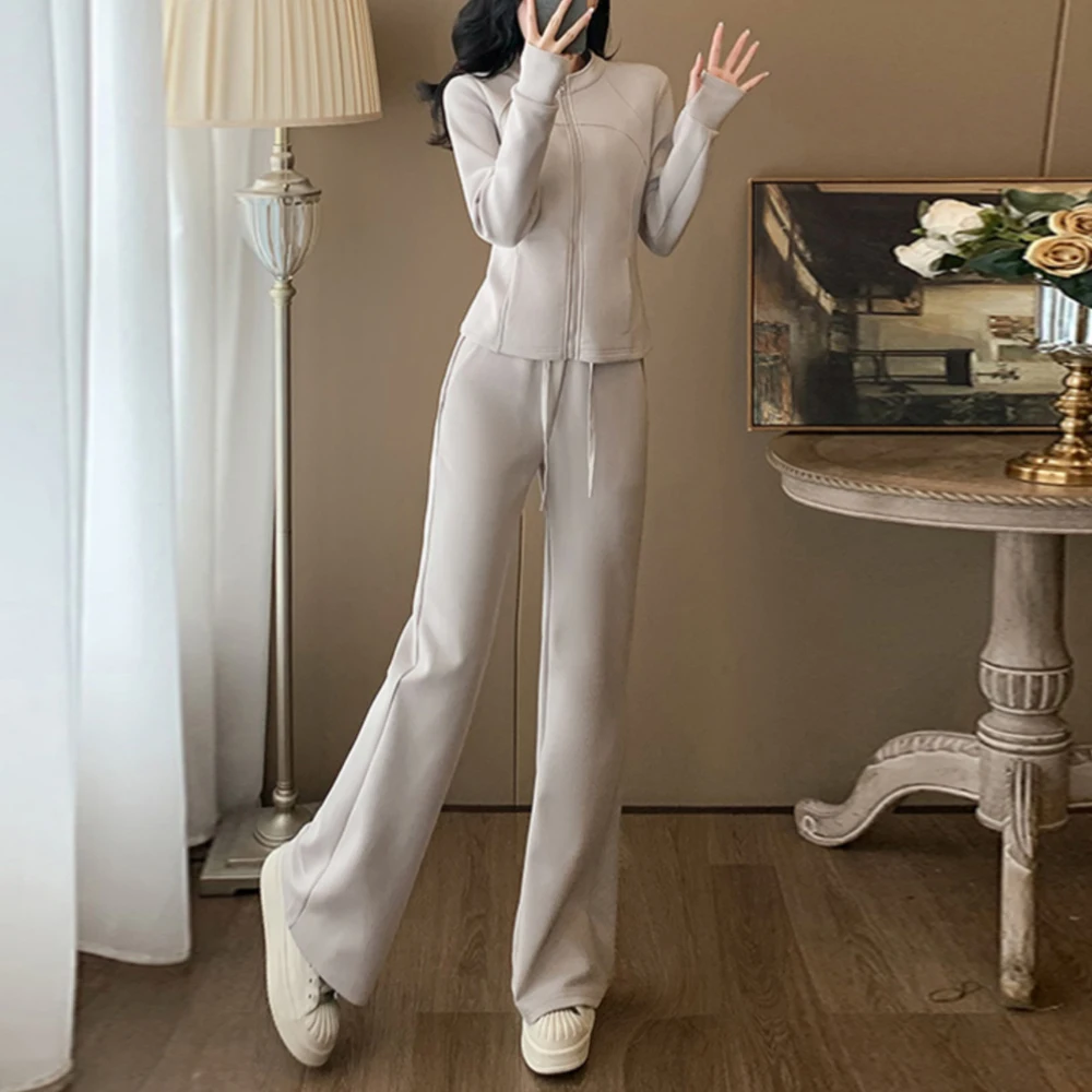 

European casual sports suit for women's spring and autumn new high-end fashion zipper stand up collar long sleeved wide leg pant