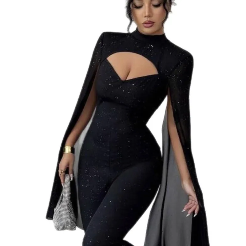 Women's Fashion Sexy Jumpsuit Spring Autumn New V-neck Shiny Lantern Sleeves Slightly Spicy Slim Fit Jumpsuit With Women Clothes