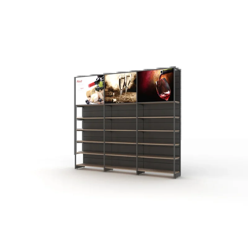 custom.Xinde Display Racks Customized Steel and Wood Red Wine Shelving Grocery Shelf Supermarket Gondola Shelves Liquor Stor