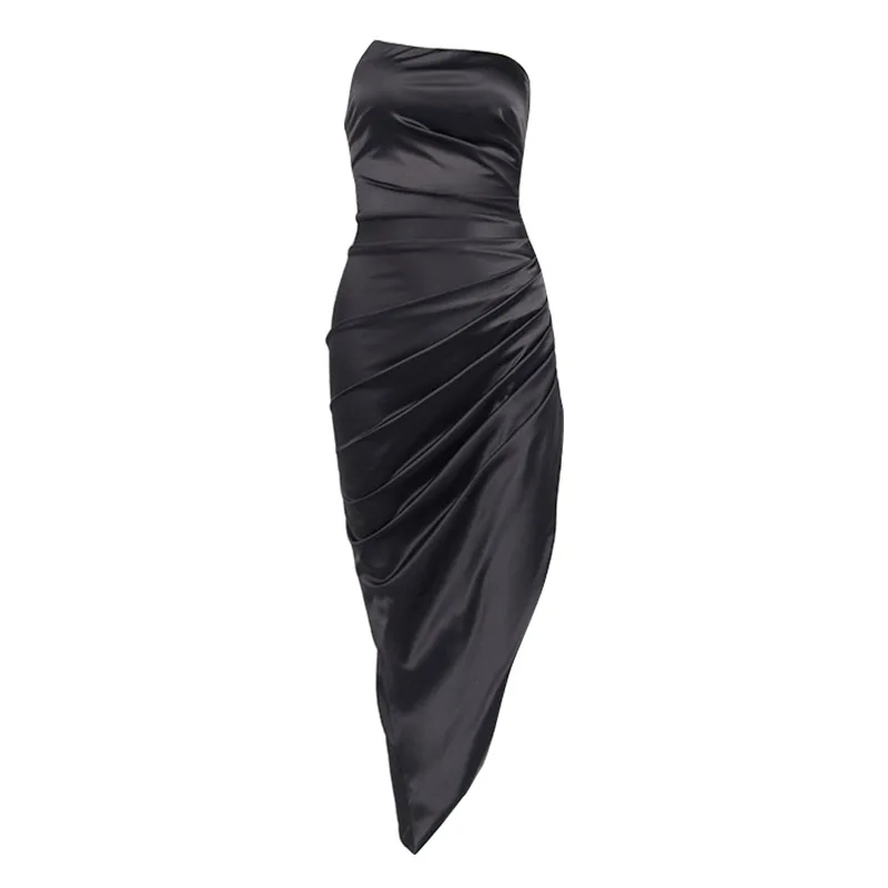 Sommer Satin Liebsten Schwarz Geraffte Kleid Elegante Frauen Abend Party Side Split Kleid Schmeichelhaft Bodycon Club Kleid