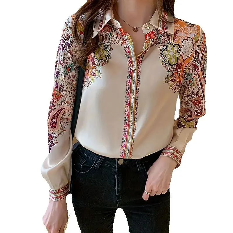 Fashion flower print shirts for ladies New elegant Women\'s Blouses 2024 Spring Summer Long Sleeve Button-Down Tops blusa mujer