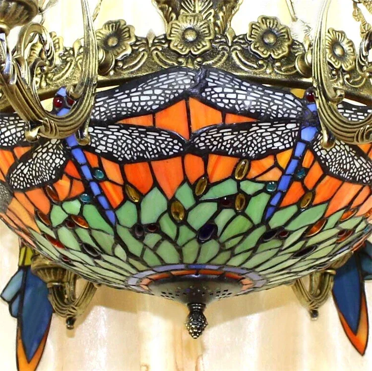 Parrots Dragonfly Chandelier European Style Artistic Classical Stained Glass Suspension Light Hanging Lamp Light Fixtures