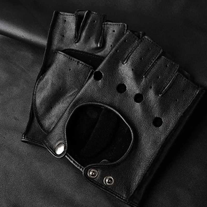 قفازات جلدية بنصف إصبع للرجال ، قفازات قيادة رياضية للياقة البدنية مانعة للانزلاق ، قفاز جلد الغنم العتيق للدراجات النارية ، قوي مقاوم للاهتراء