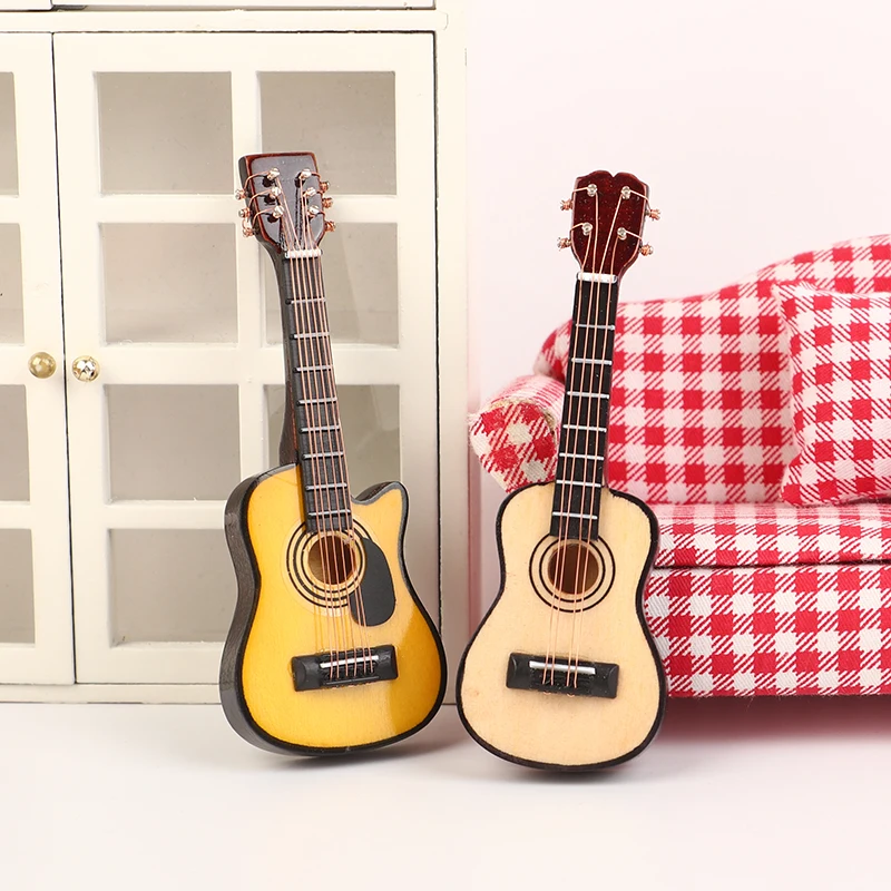 1:12 Poppenhuis Miniatuur Muziek Instrument Akoestische Gitaar Gele En Bruine Gitaar Basmodel Poppenhuis Accessoires Decoratief