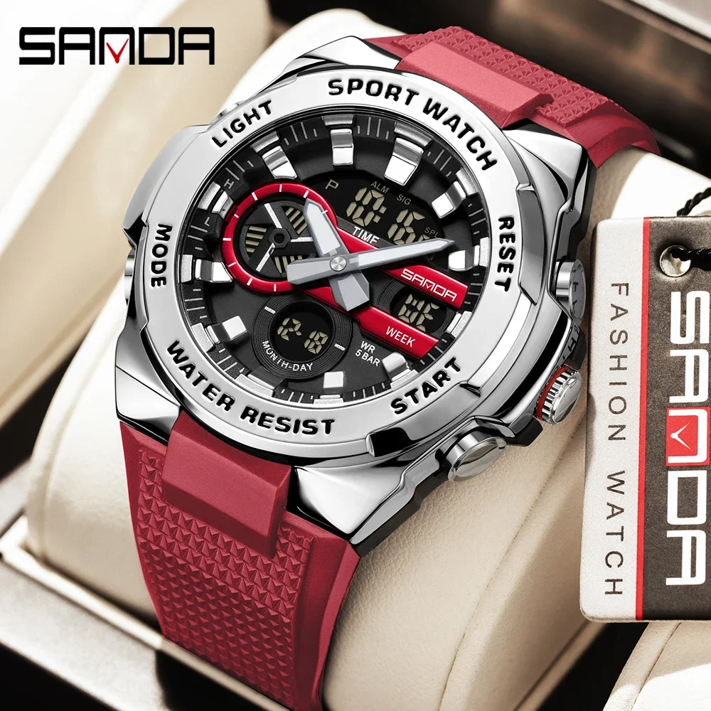 

SANDA 3385 повседневные мужские студенческие электронные часы для спорта на открытом воздухе водонепроницаемые светодиодные мужские часы с двойным дисплеем с таймером будильник 2025