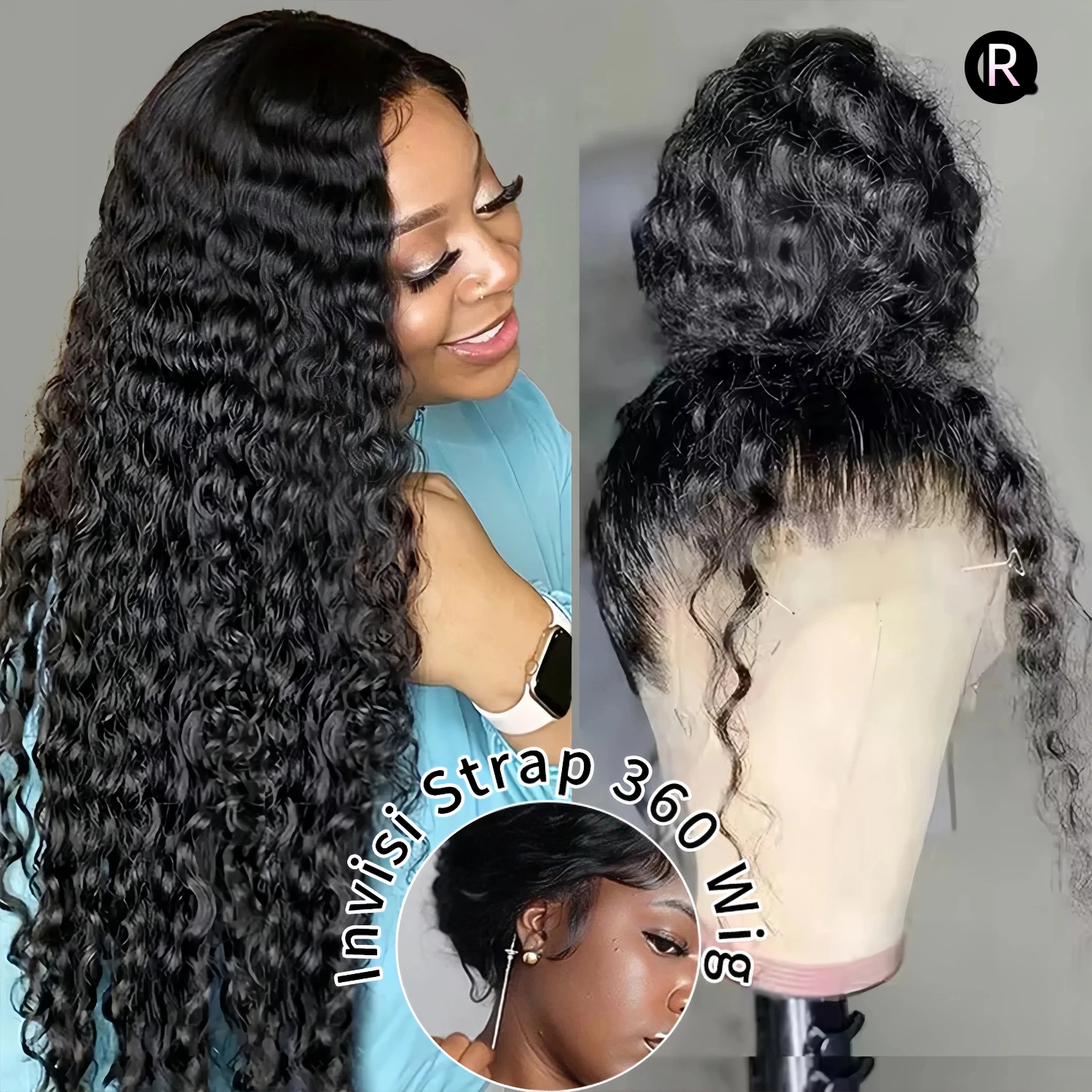 

Скрытый ремешок 360 Кружевные парики Человеческие волосы Invisi Strap Вьющиеся кружевные фронтальные парики Предварительно выщипанные HD Прозрачный 360 Полный парик фронта шнурка