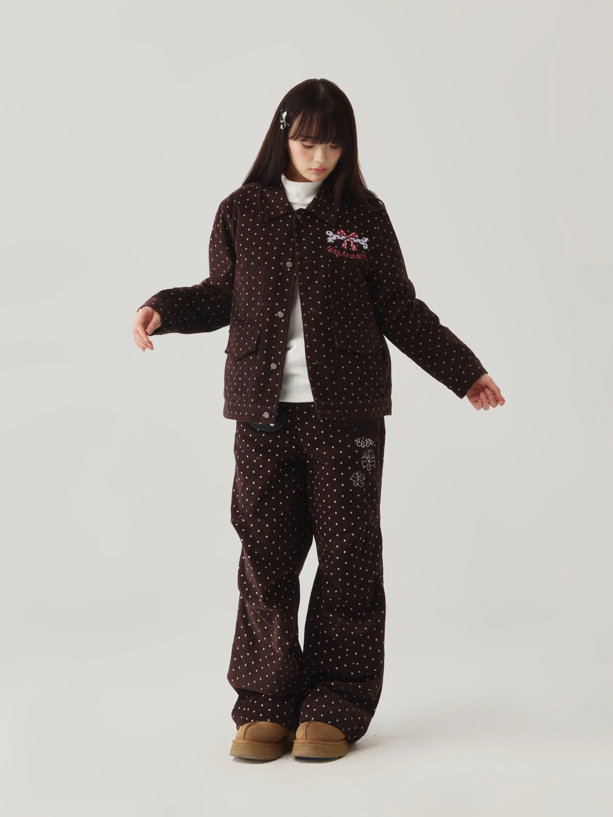 Black Polka Dot Embroidered Jacket Standard Fit Corduroy Unique Design Sensation Youthful Vitality Style Long Sleeve Coat